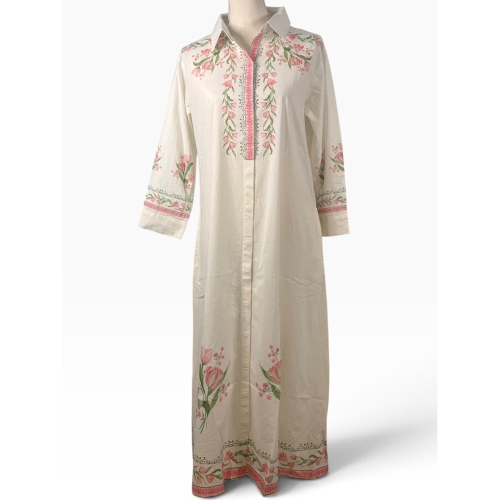 Victoria Dunn White Pink Tulip Floral Cotton Maxi Shirt Dress XL NWT